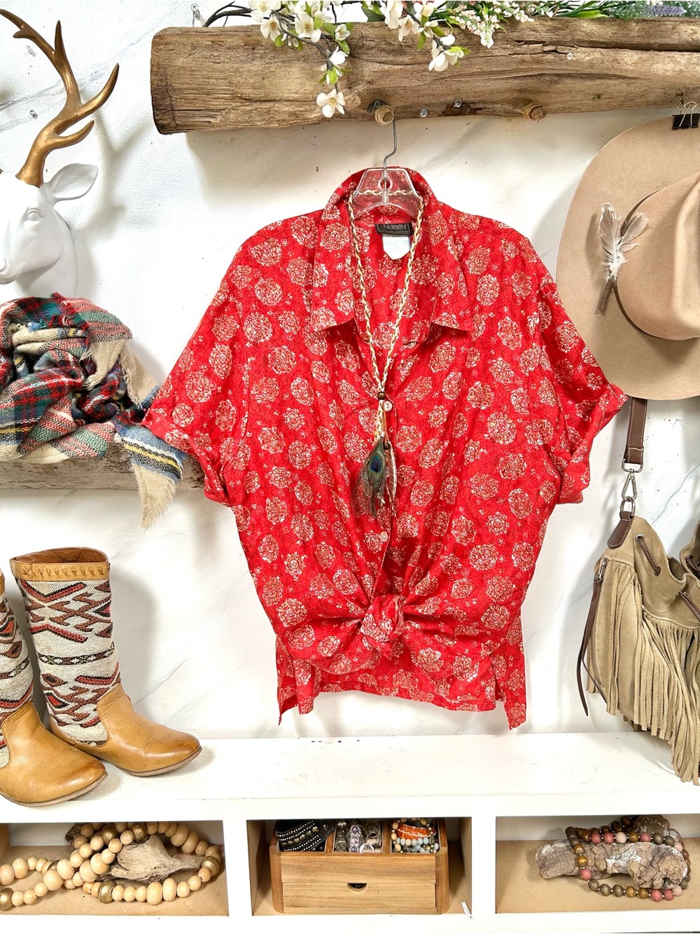 SILK LOUBEN Vintage Red Floral Short-Sleeve Button-Down Shirt resort vacay vibe